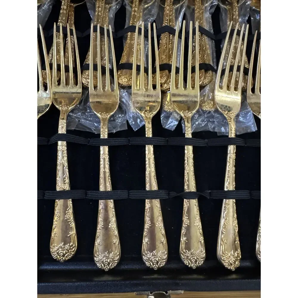WM Rogers Enchanted Rose Gold Plated Flatware Set 63 Pc Service for 12 Case Vtg